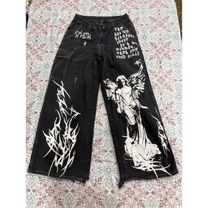 Romwe Black Gothic Graphic Cargo Pants Wide Leg Angel Tribal Print Mens Womens L